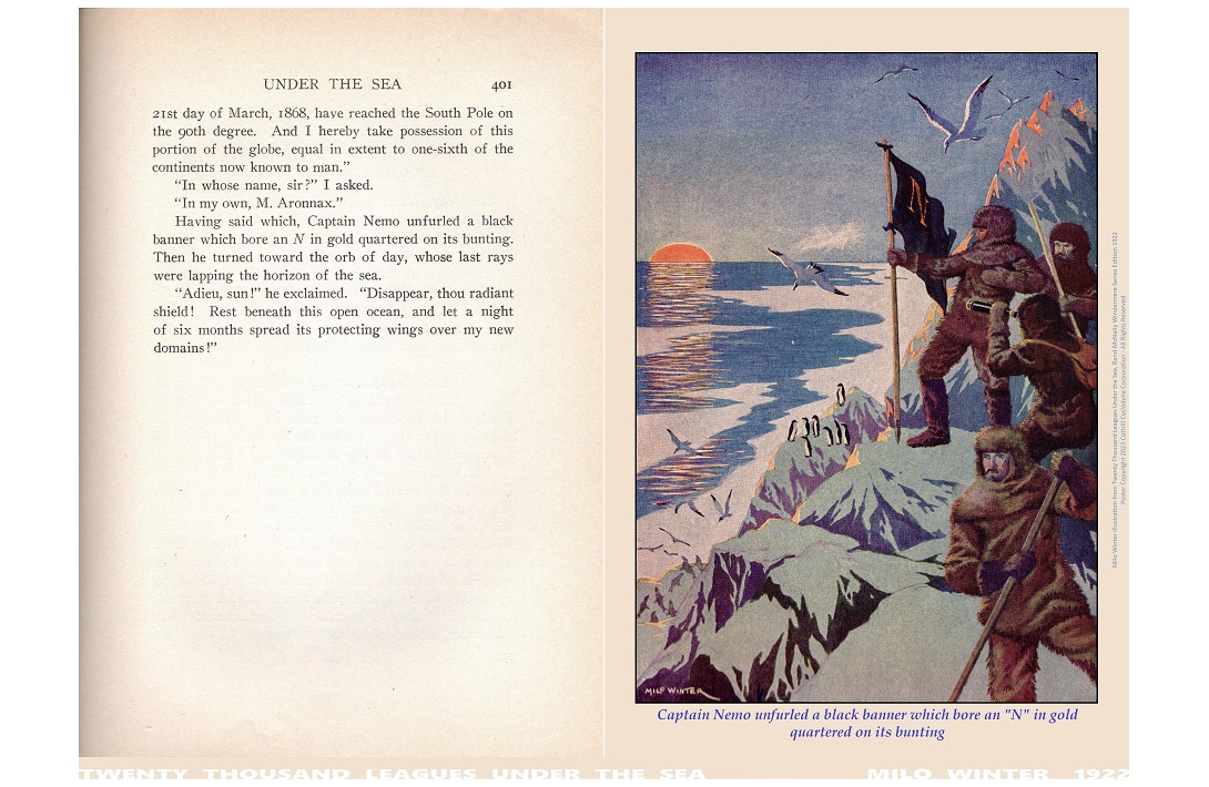Diptych poster: Captain Nemo unfurled a black banner which bore an N by Milo Winter